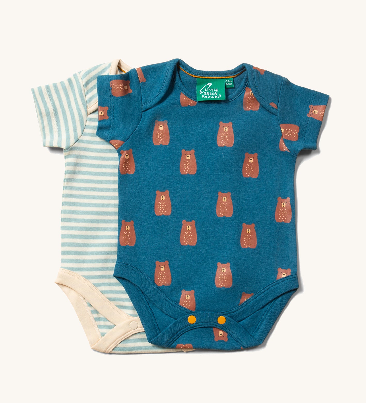 The Little Green Radicals Teddy Bears Organic Cotton Baby Body Set on a plain background.