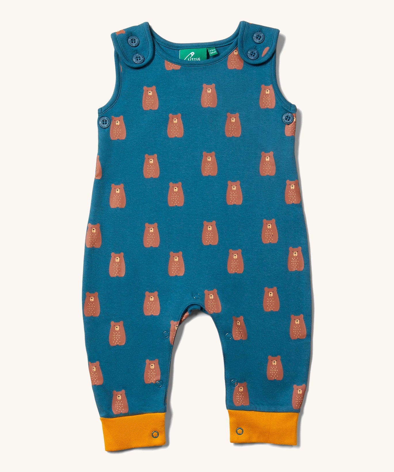 The Little Green Radicals Everyday Dungarees with a Teddy Bears print on a plain background.