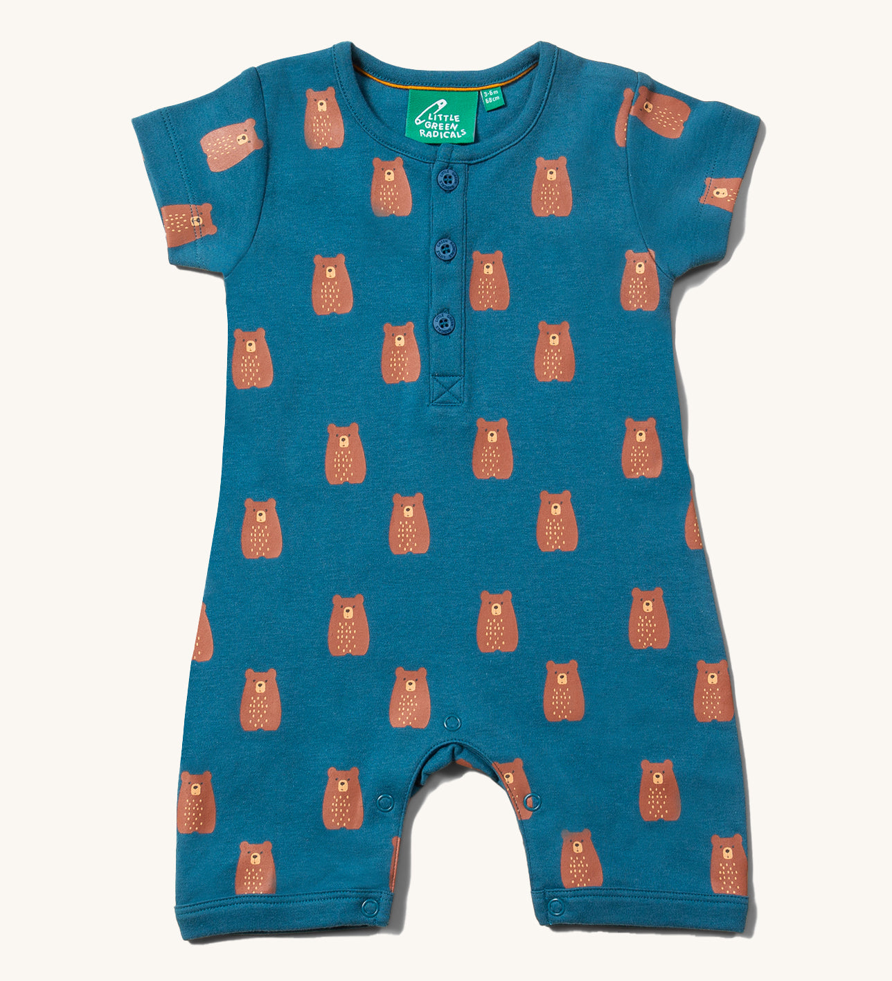 Little Green Radicals Teddy Bears Organic Cotton Shortie Romper on a plain background. 