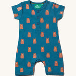 Little Green Radicals Teddy Bears Organic Cotton Shortie Romper on a plain background. 