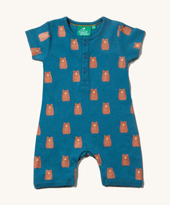 Little Green Radicals Teddy Bears Organic Cotton Shortie Romper on a plain background. 