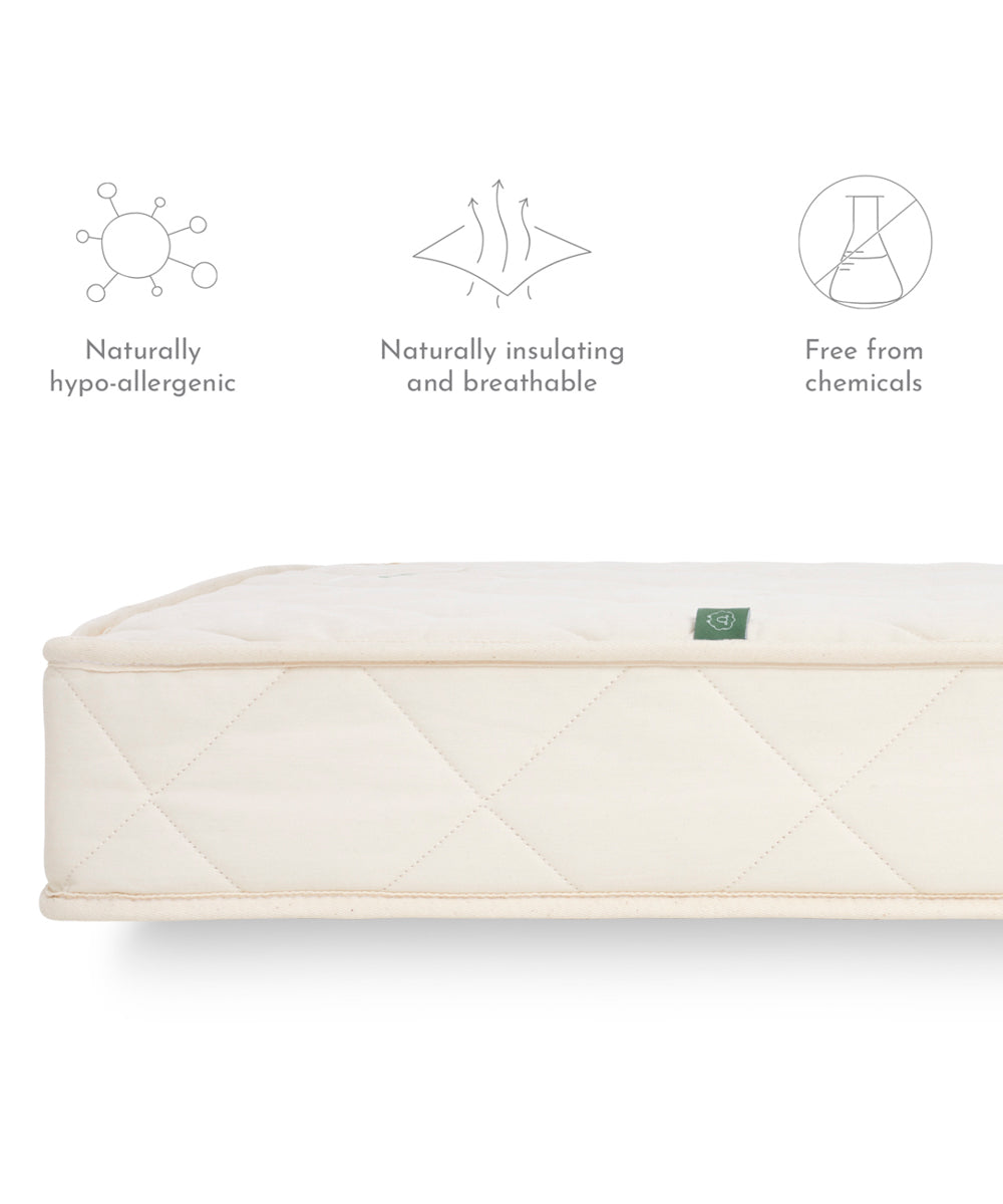 A side profile view of a Little Green Sheep mattress. Three key features have been listed above. Naturally hyop-allergenic, naturally insulating and breathable and free from chemicals 