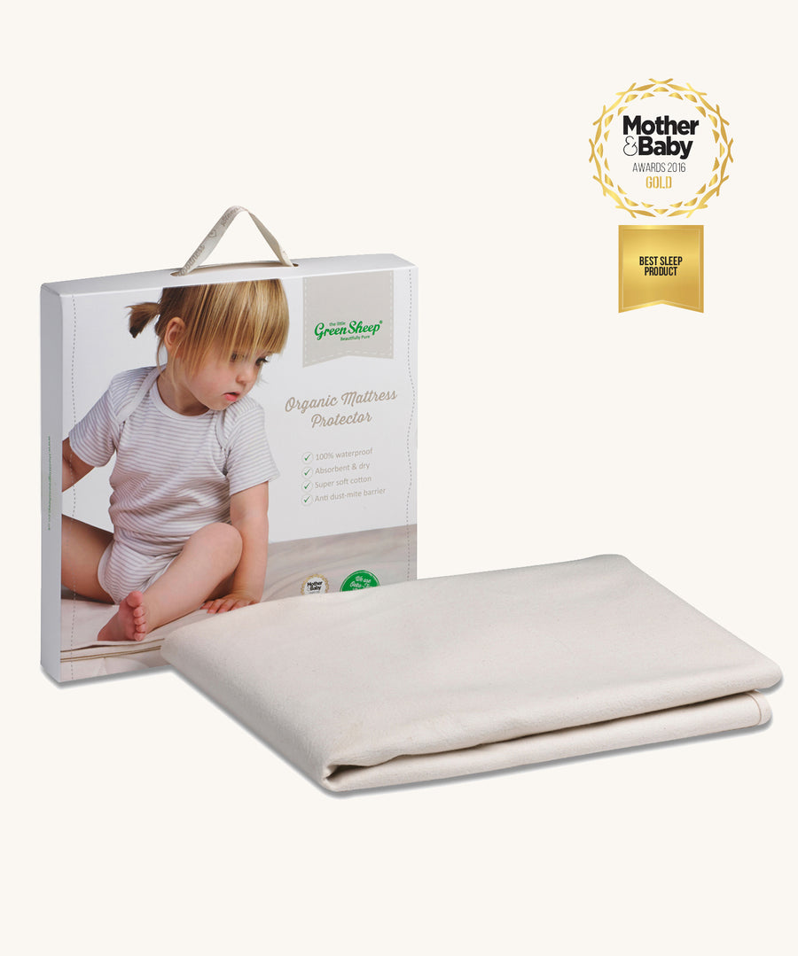 Little Green Sheep Organic Cot Bed Mattress Protector pictured on a plain background