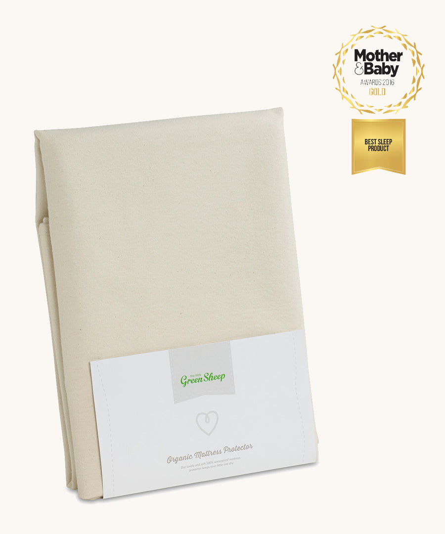 Little Green Sheep Organic Junior Mattress Protector pictured in packaging on a plain background