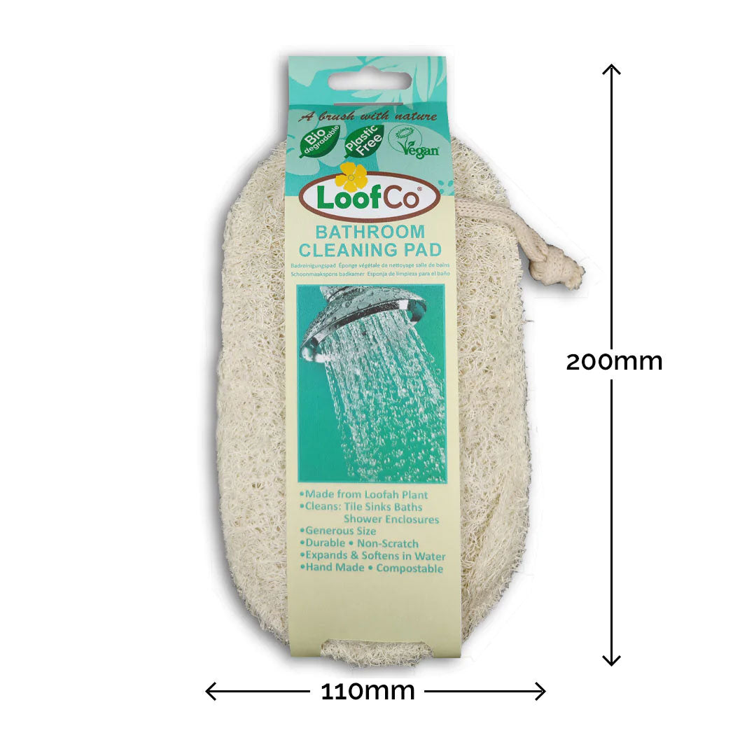 Loofco loofah bathroom cleaning pad pictured on a plain white background with dimensions. 200mm by 110mm