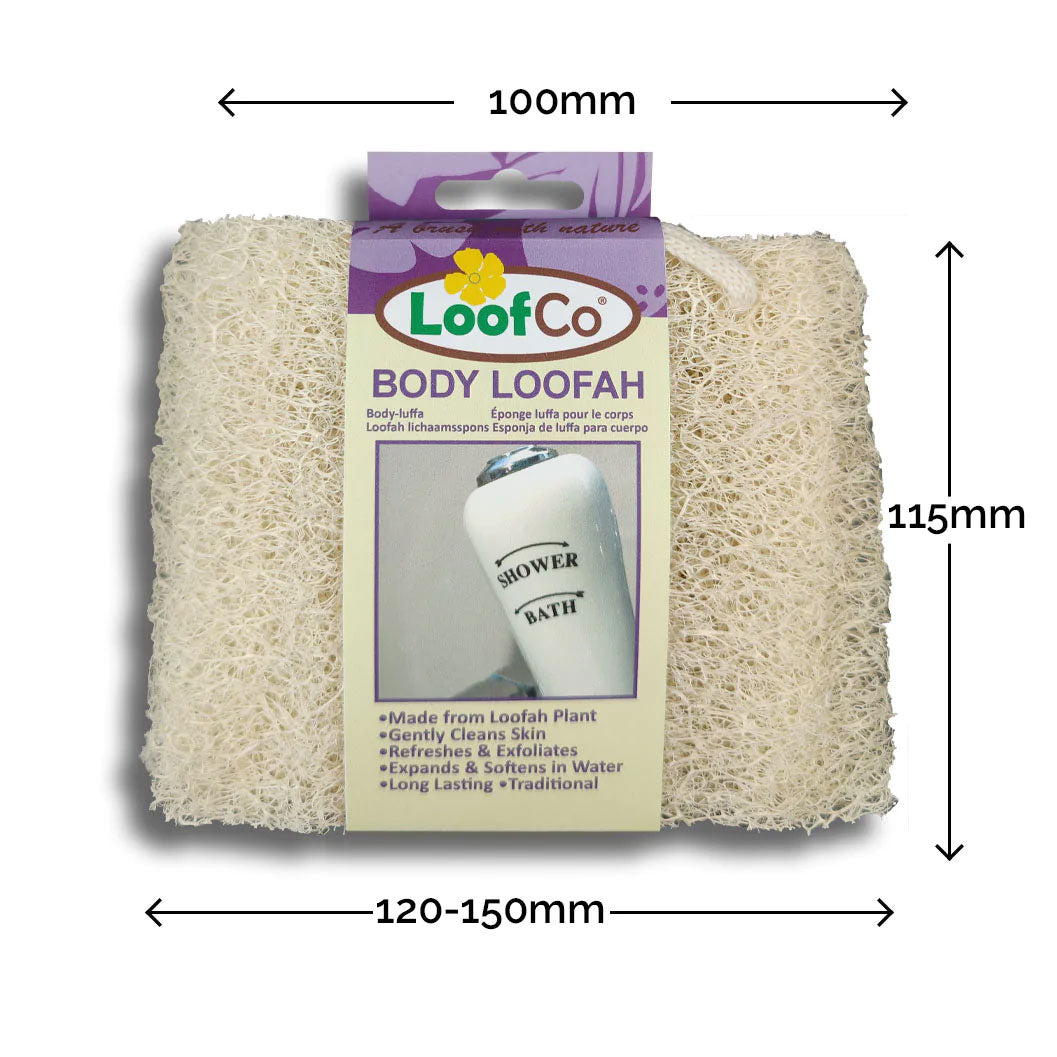 LoofCo Body Loofah in cardboard packaging sleeve pictured on a plain white background with approximate product dimensions