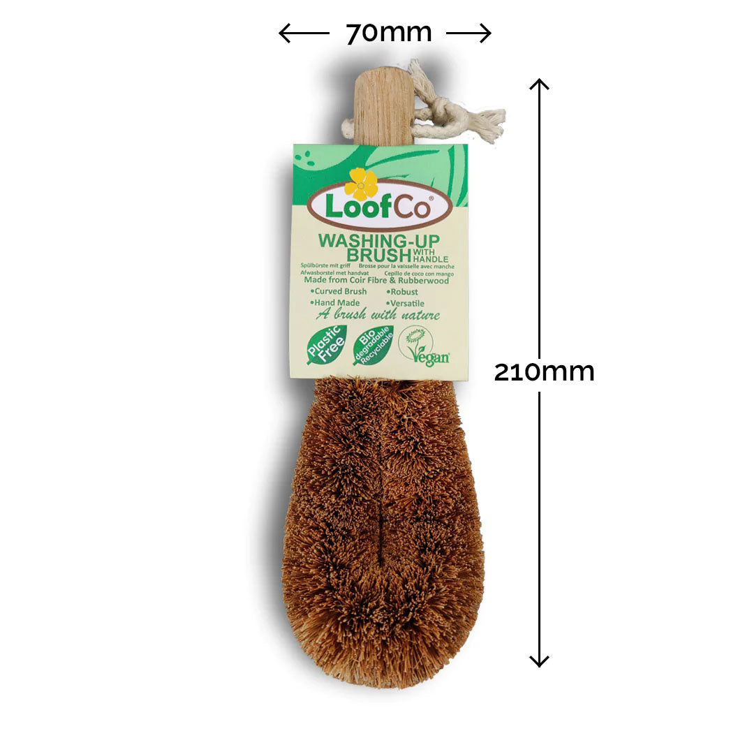 LoofCo coir fibre Washing-Up Brush with rubberwood Handle pictured on a plain white background with product dimensions