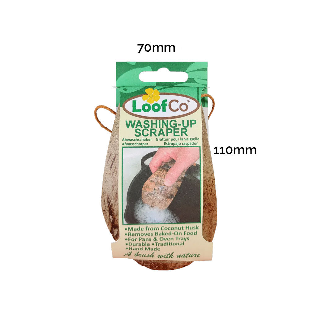 LoofCo coconut husk Washing-Up Scraper in cardboard packaging sleeve pictured on a plain white background with approximate product measurements 70mm by 110mm