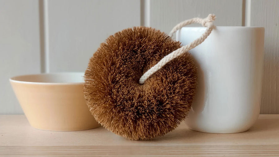 LoofCo coconut Kitchen Brush
 scourer pictured in front of white ceramic mug and small cream ball