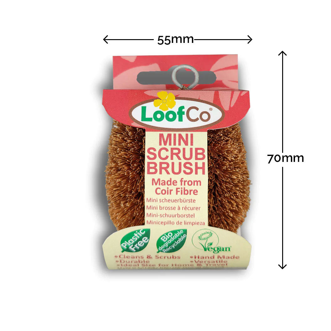 Small LoofCo Scrubbing Brush in cardboard sleeve packaging pictured on a plain white background with product dimensions