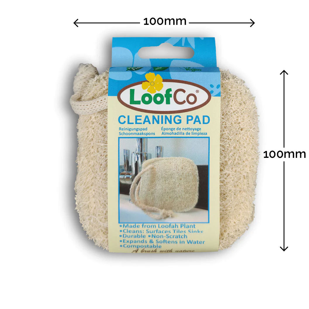 LoofCo Loofah Cleaning Pad in cardboard packaging sleeve pictured on a plain white background with approximate dimensions