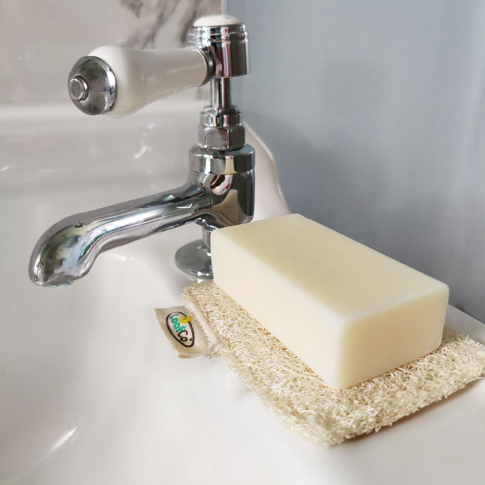 White soap bar pictured on a loofco loofah soap rest on a kitchen sink