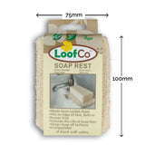 LoofCo Loofah Soap Rest pictured on a plain white background with product dimensions. 75mm by 100mm