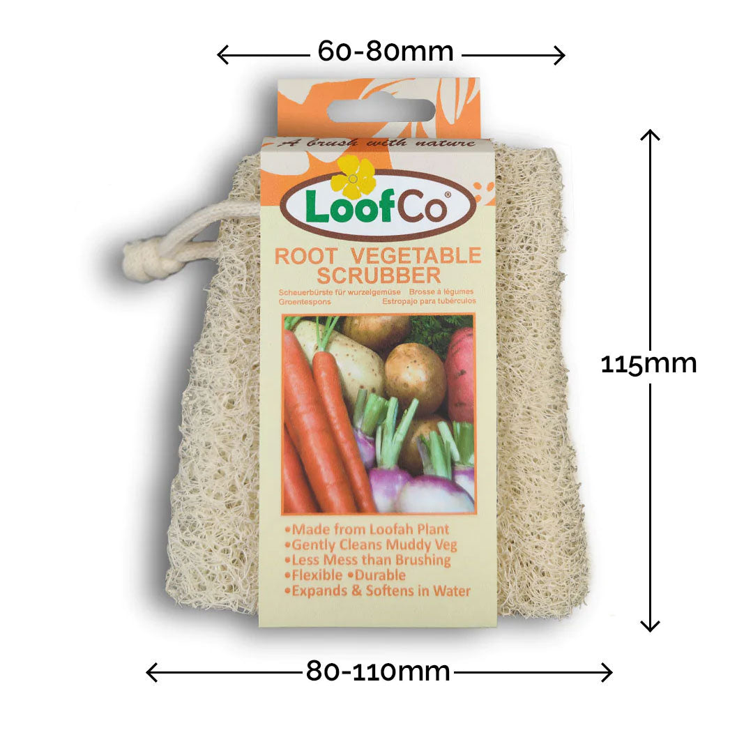 LoofCo Loofah root vegetable scrubber pictured in cardboard sleeve packaging on a plain white background with approximate measurements 60 - 80mm