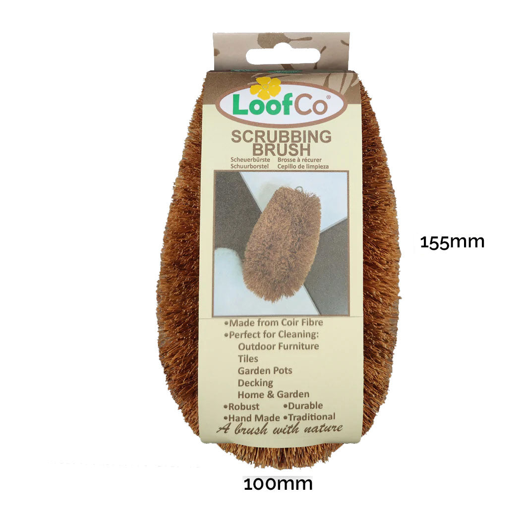 Large LoofCo Scrubbing Brush in cardboard packaging sleeve pictured on a plain white background with product dimensions