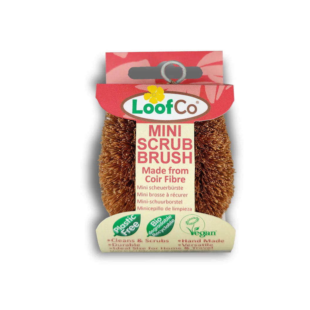 Small LoofCo Scrubbing Brush in cardboard sleeve packaging pictured on a plain white background