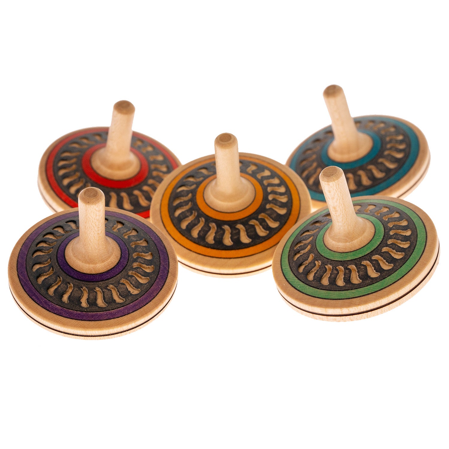 Multiple different coloured Mader Arabesk Finger Spinning Tops against a plain background.