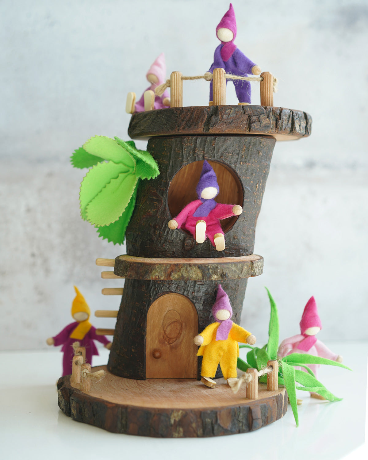 Magic Wood Tree Cave with the Magic Wood felted elves posed on various parts