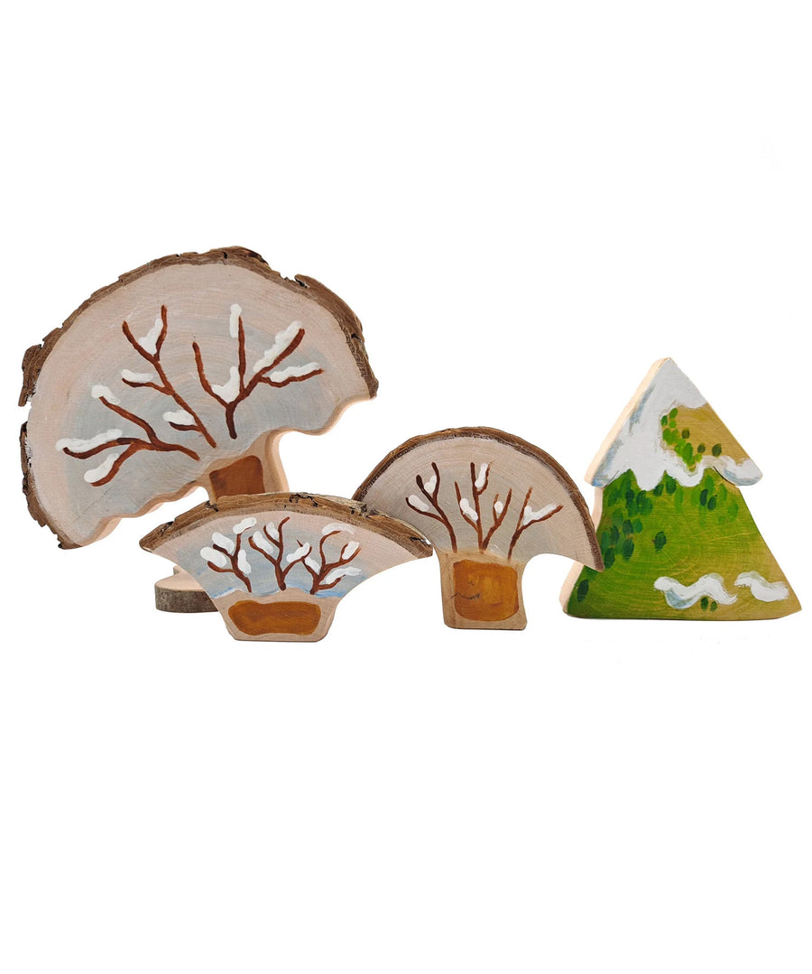 Magic Wood Summer & Winter Wooden Tree Set showing winter set pictured on a plain background. 