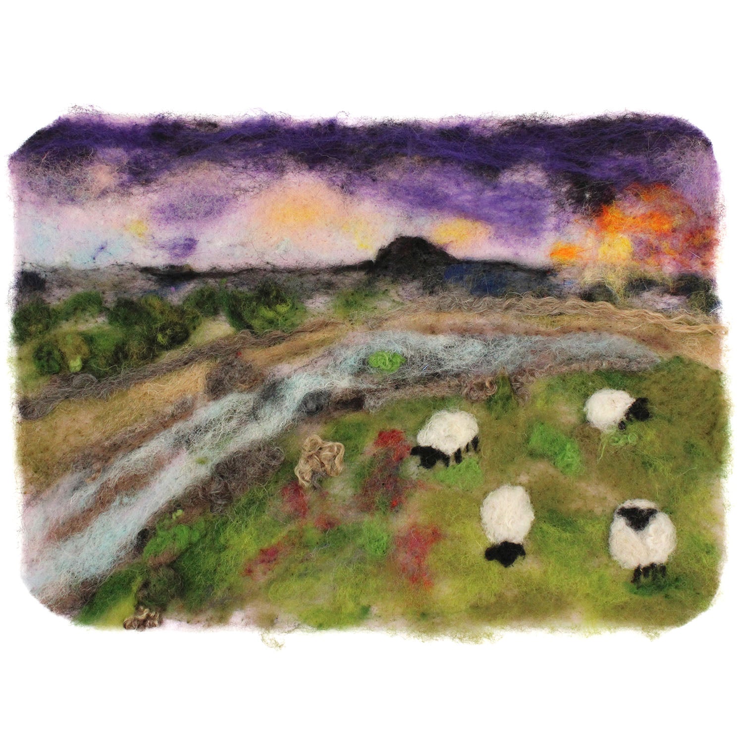 shading and a lovely purple sky with natural green landscape colours. There are four sheep grazing on the g