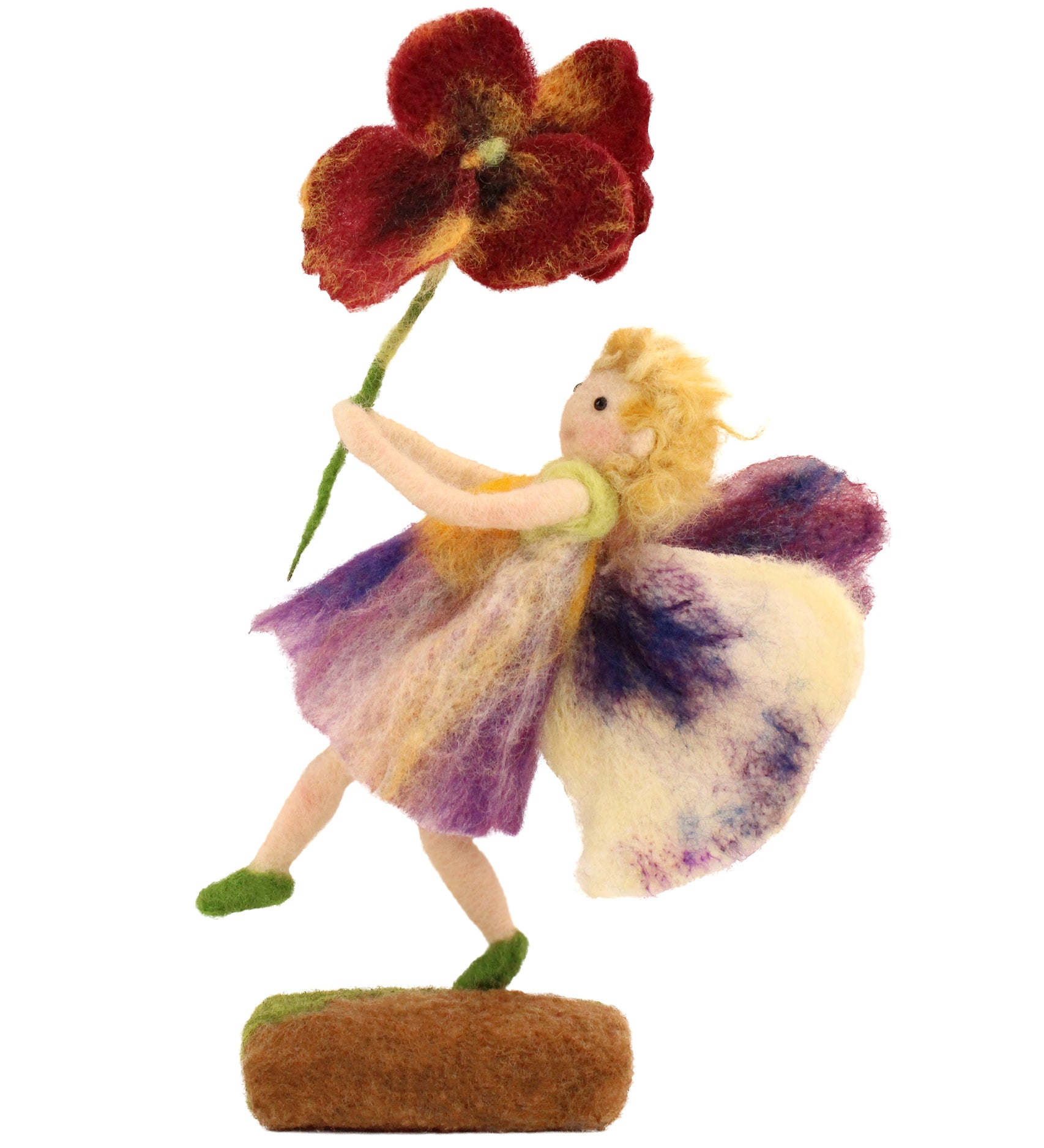 The Makerss Official Flower Fairies™️ - Pansy Fairy Needle Felt Kit. A handmade felted Fairy with purple gradient wings and dress, and a red and yellow pansy flower in its hand. On a white background