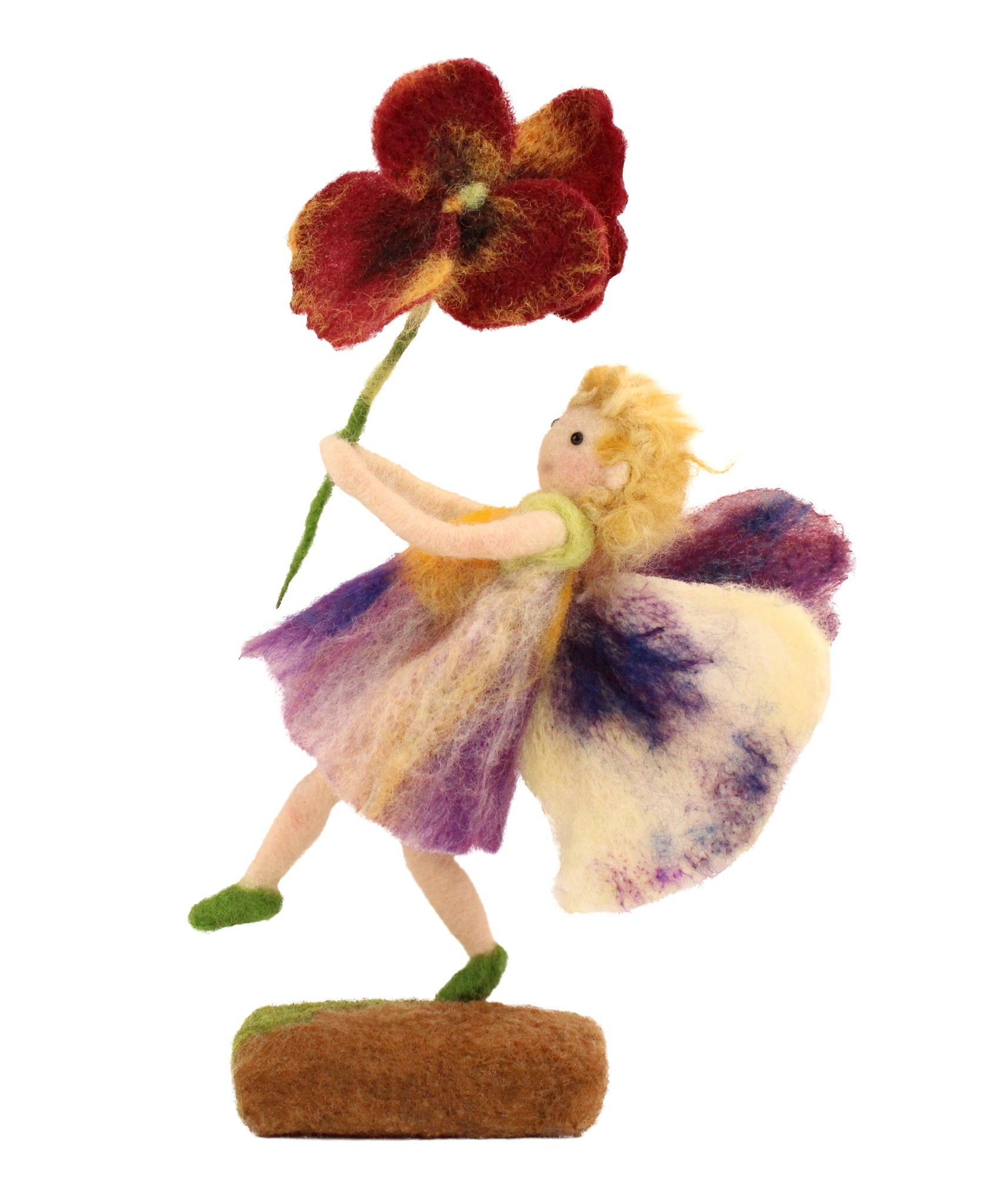 The Makerss Official Flower Fairies™️ - Pansy Fairy Needle Felt Kit. A handmade felted Fairy with purple gradient wings and dress, and a red and yellow pansy flower in its hand. On a white background