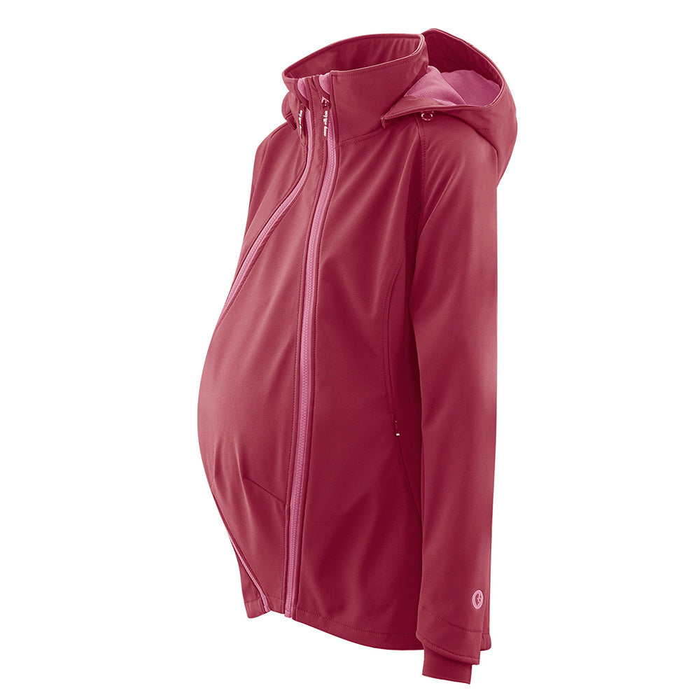 Mamalila Softshell Berry Babywearing & Maternity Jacket worn with pregnancy panel on a white background