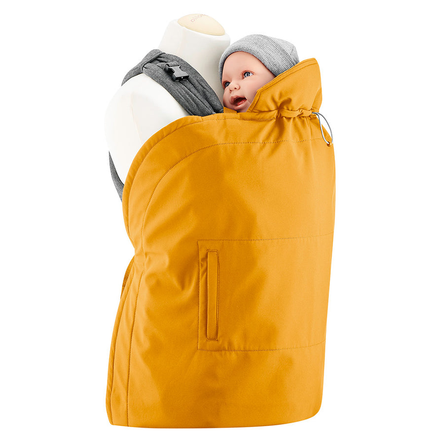 Mamalila Softshell All-Rounder Mustard Babywearing Cover with baby on the front on a white background