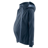 Mamalila Softshell Navy Babywearing & Maternity Allrounder Jacket worn with the pregnancy panel on a white background