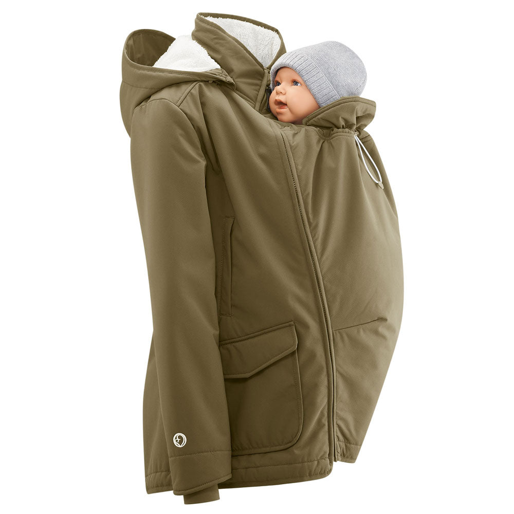 Mamalila eco-friendly womens allweather baby wearing jacket with baby attachment on the front on a white background