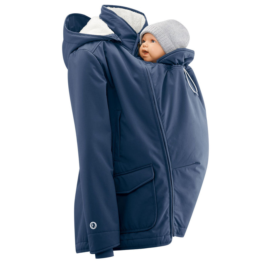 Mamalila eco-friendly womens. all weather maternity jacket in navy blue on a white background