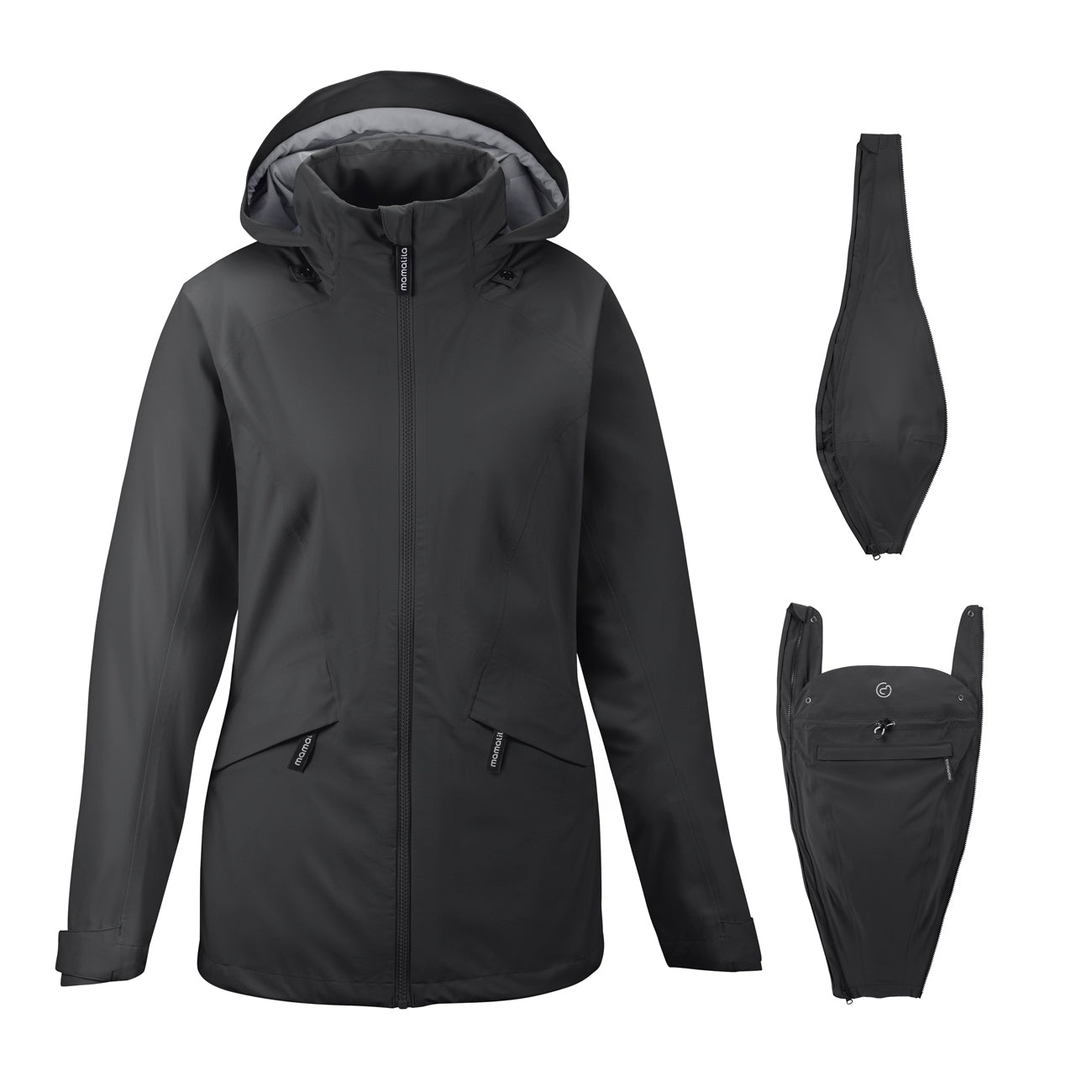 A person wearing the Mamalila Outdoor Explorer Babywearing Jacket - Black