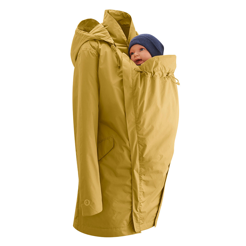 Mamalila Dublin Babywearing Rain Coat in Mustard. A sustainably made babywearing rain coat in mustard yellow. Side view, with baby carrying  insert at front. White background. 