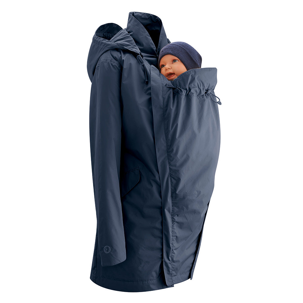 Mamalila Dublin Babywearing Rain Coat in Navy. A maternity and babycarrying hooded rain coat in navy blue. Front view, with baby carrying insert at front and baby hood up. White background