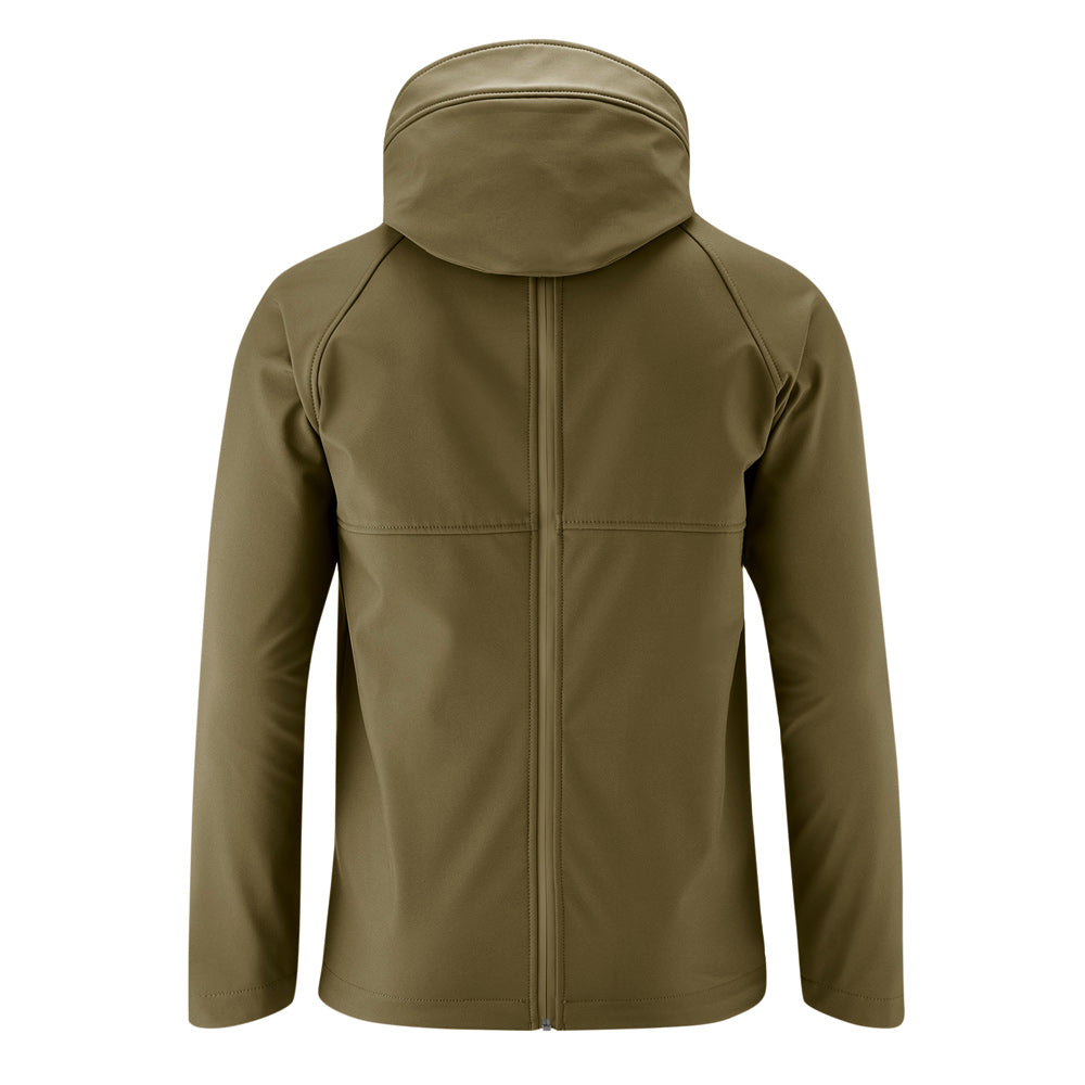 Back of the mens Mamalila khaki softshell allrounder babywearing jacket on a white background