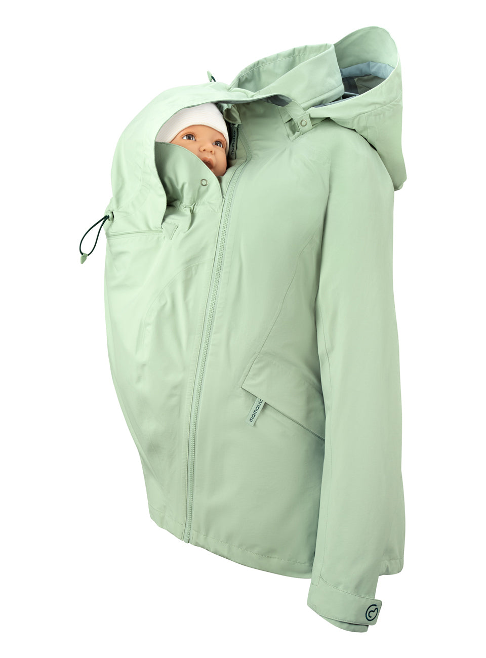 A person wearing the Mamalila Outdoor Explorer Babywearing Jacket - Black