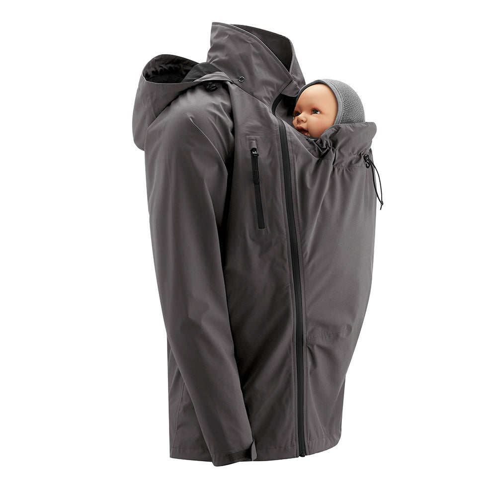 Mamalila Shelter Men's Babywearing Rain Jacket in Anthracite. Side view of this men's technical babywearing rain coat without the baby carrier insert. White background 