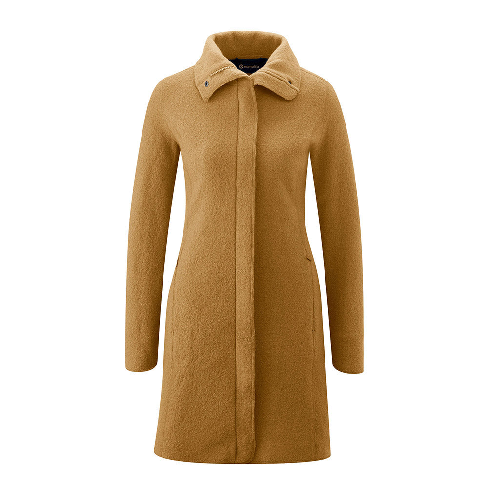 Mamalila Eco Wool Oslo Babywearing Coat in Camel. A light tan boiled wool winter babywearing coat. Front view