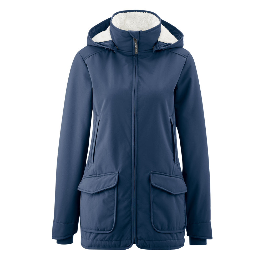 Mamalila eco-friendly womens. all weather maternity jacket in navy blue on a white background