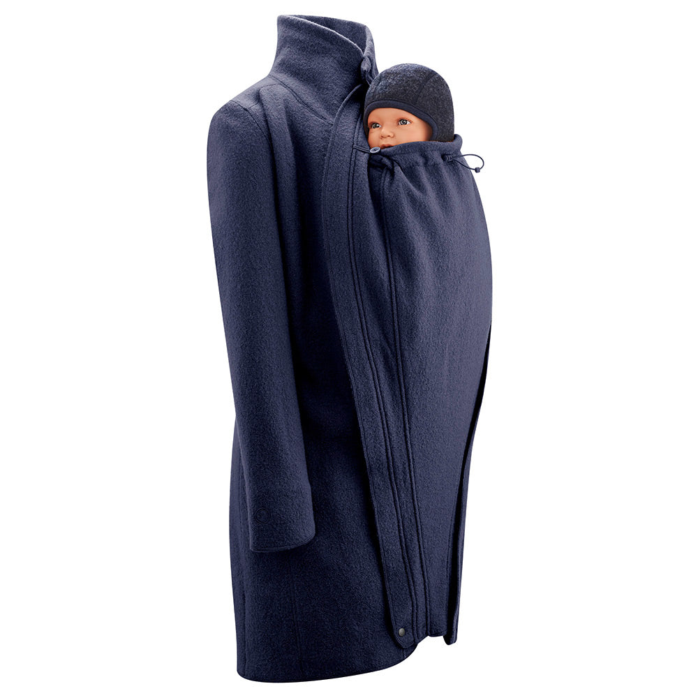 Mamalila Eco Wool Oslo Babywearing Coat in Navy. A navy blue organic boiled wool winter babywearing coat. Side view, collar up, with baby wearing insert on front. White background.  