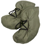 Mamalila Quilted Booties in Khaki Berlin. Warm, padded babywearing booties for babies on a white background