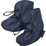 Mamalila Quilted Berlin Booties in Navy. Warm, padded snow booties for babywearing on a white background