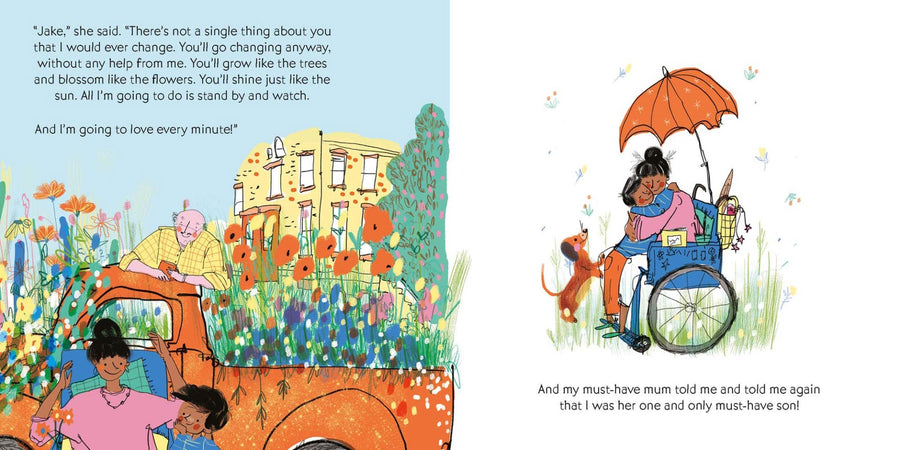 Pages of the my must have mum childrens book showing an illustration of a woman and girl hugging in a wheelchair