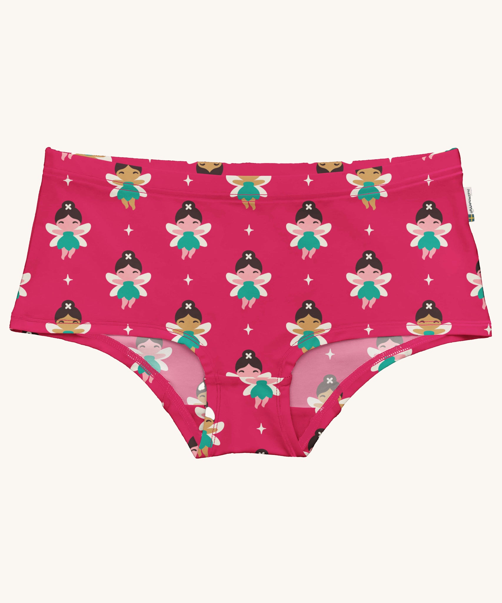 Maxomorra Fairy print Organic Cotton Adult Hipster Briefs. Th fun fairy print is on a hot pink coloured background. 