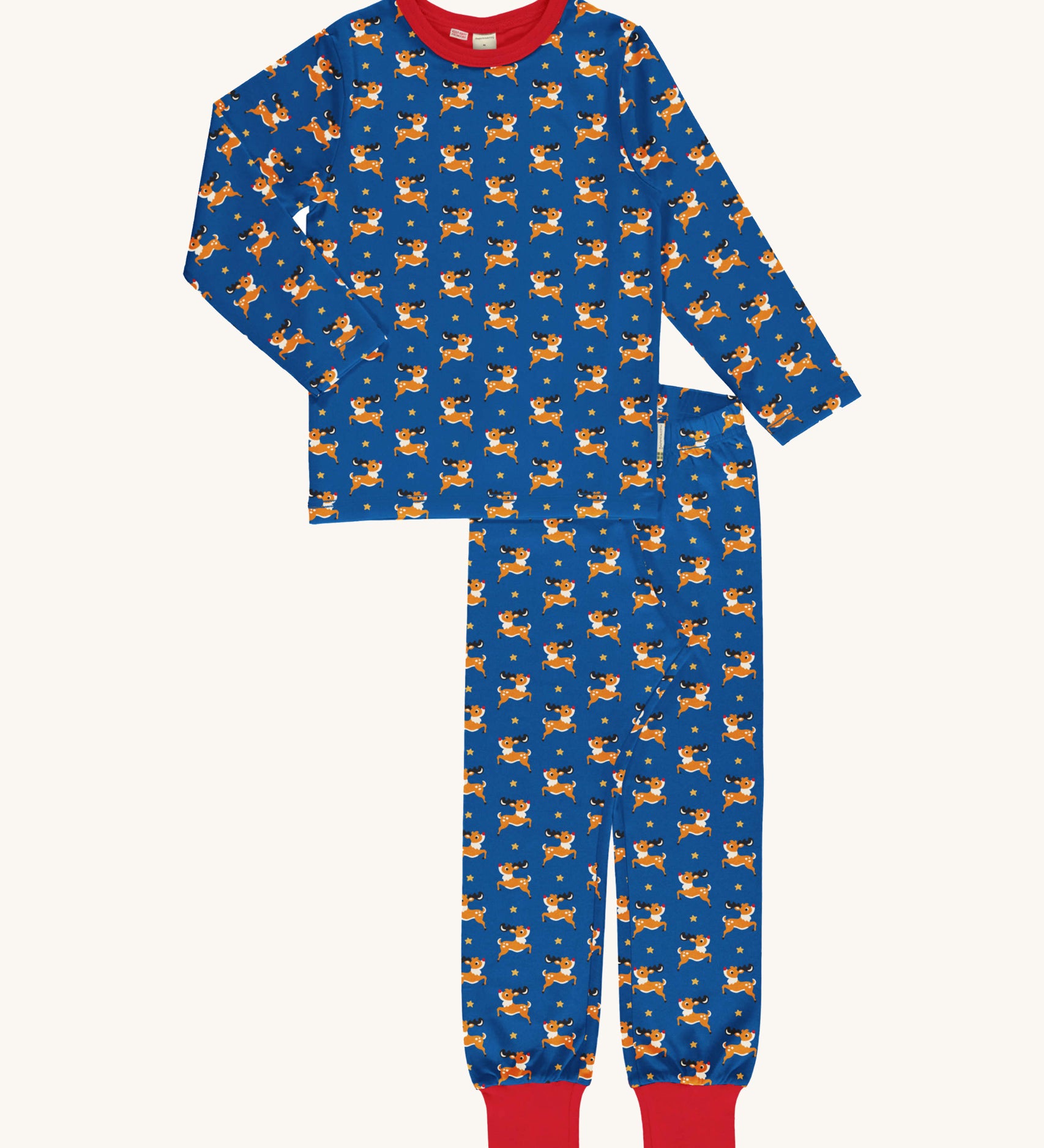 Maxomorra Reindeer Adult organic cotton Long Sleeve Pyjama Set on a plain background. 