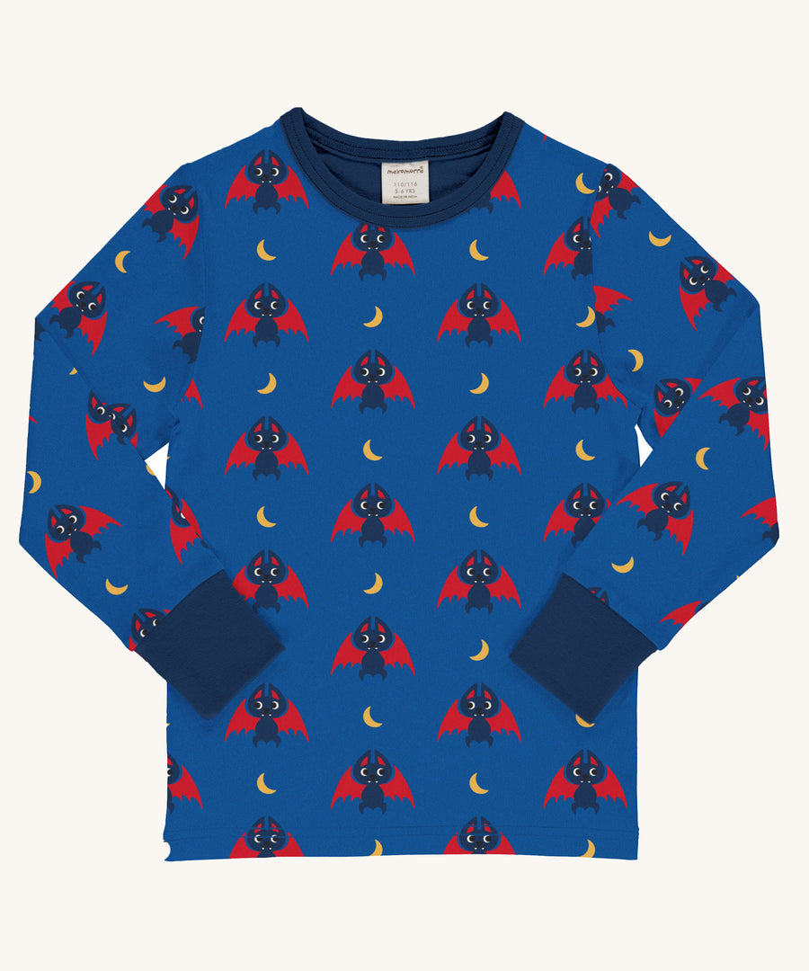 Maxomorra Bat Long Sleeve Top on a plain background. This navy and red bat print is on a royal blue coloured background with matching navy wrist cuffs and collar binding. 