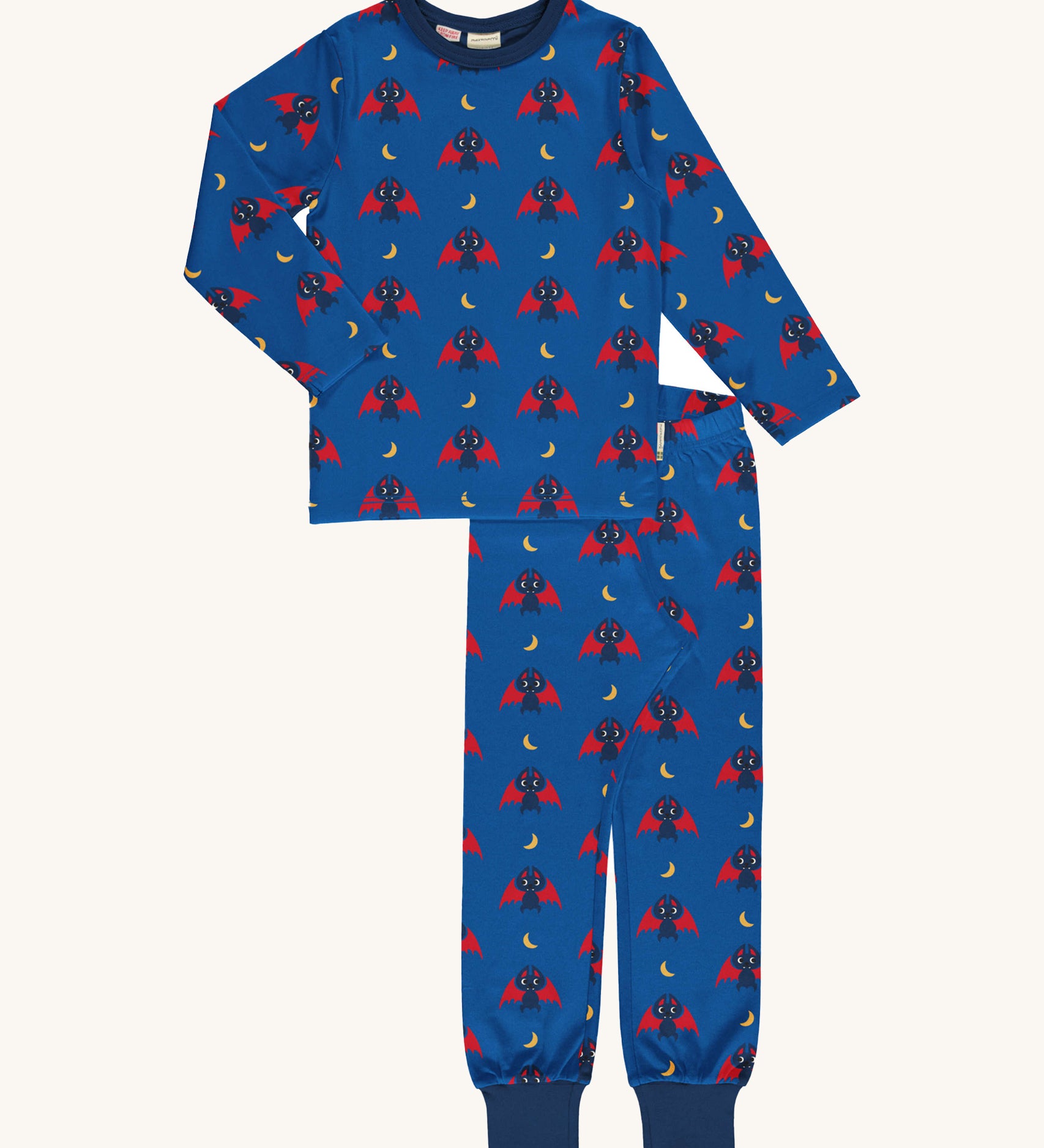 Maxomorra Bat Long Sleeve Pyjama Set on a plain background. The navy and red bat print is on a royal blue background with navy leg cuffs and collar binding. 