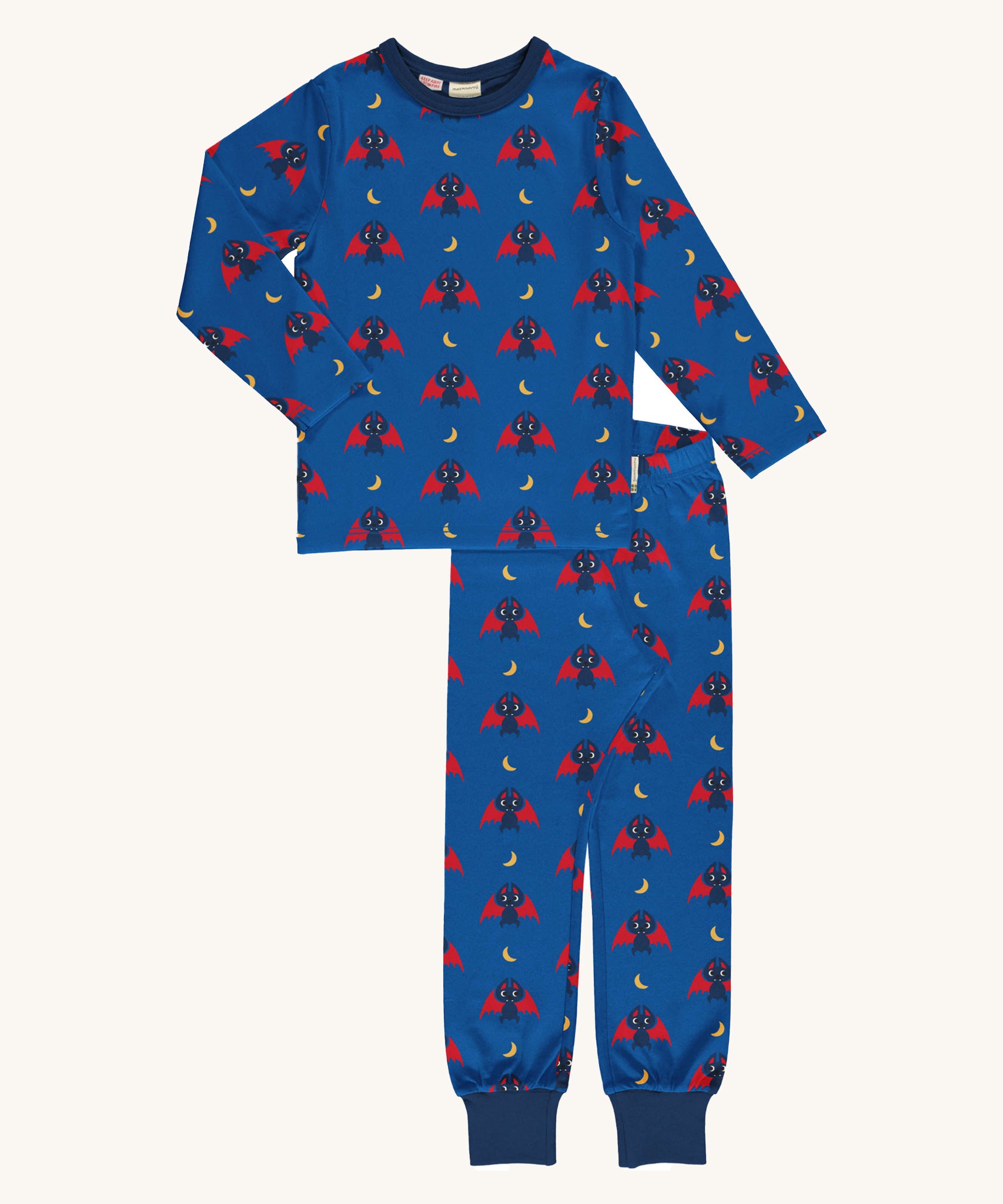 Maxomorra Bat Long Sleeve Pyjama Set on a plain background. The navy and red bat print is on a royal blue background with navy leg cuffs and collar binding. 