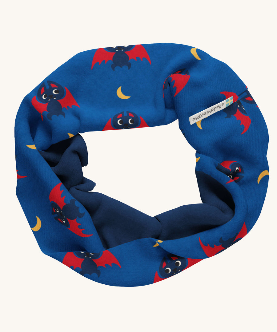 Maxomorra Bat Sweat Tube Scarf on a plain background. A navy and red bat print on a royal blue background with a navy coloured lining. 