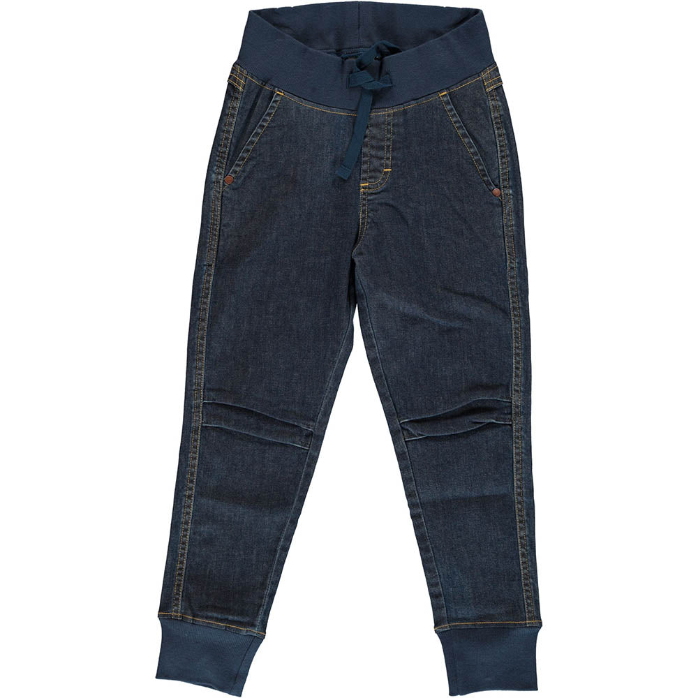 Maxomorra childrens eco-friendly medium dark wash denim jogger pants on a white background